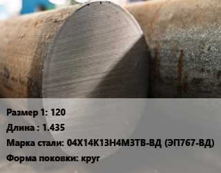 Поковка круглая 120 L=1.435 Сталь: 04Х14К13Н4М3ТВ-ВД (ЭП767-ВД) круг цена от 675000 Тг / т, где купить, условия доставки в Алматы и Алматинской области